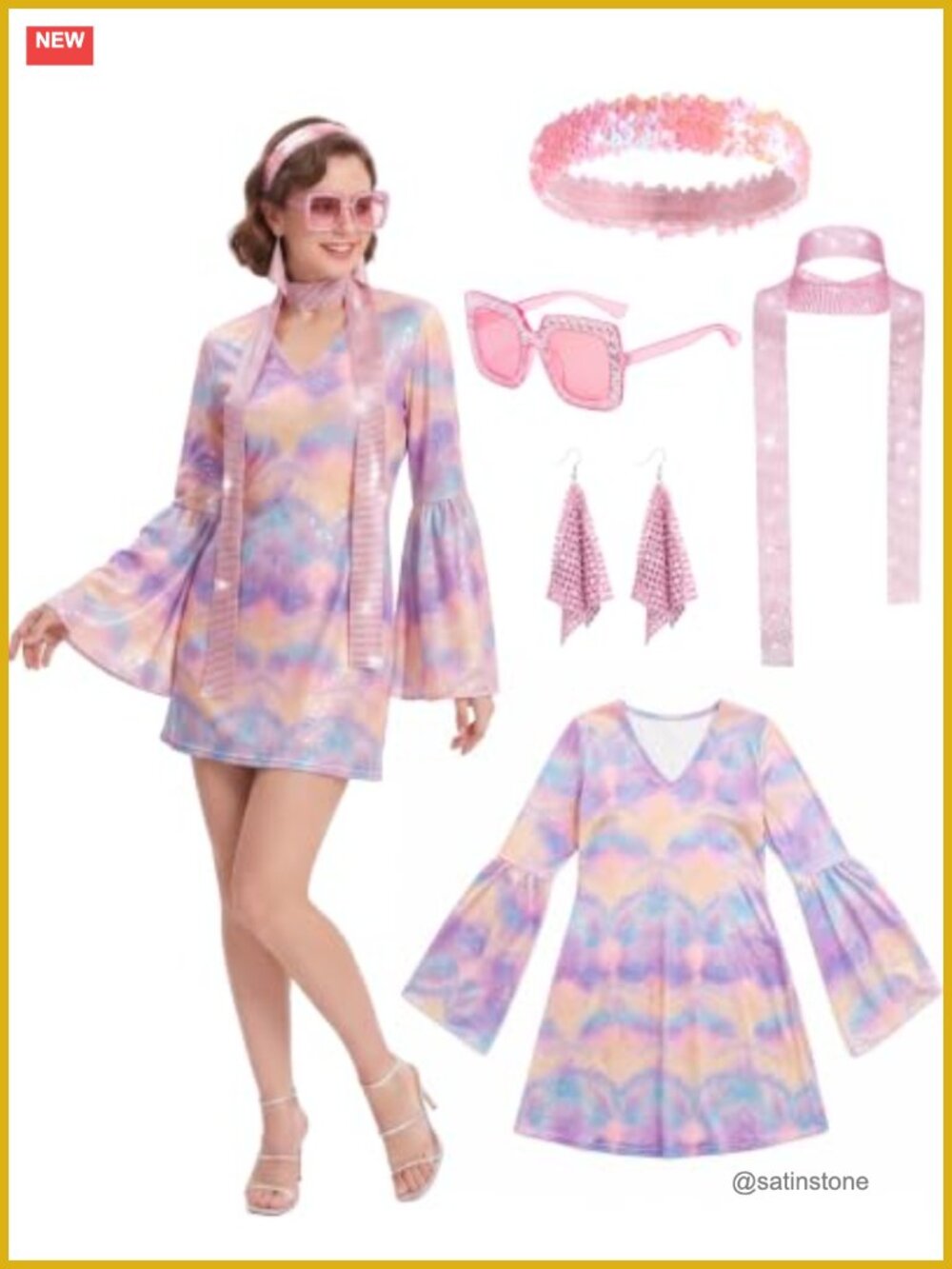 70s Disco Outfit Set Women Halloween Costume Dress Scarf Headband Sunglasses